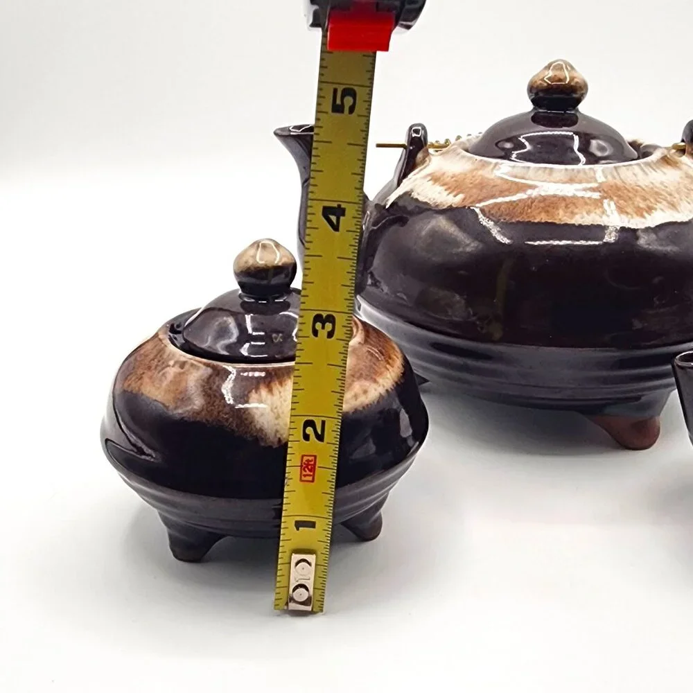 Vintage Redware Drip Glaze Teapot Creamer Sugar Set Wire Handle Ceramic Japan
